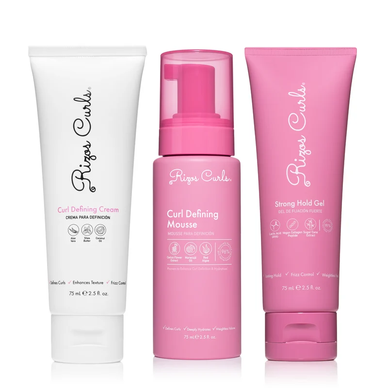 Trío exclusivo de TikTok para definir y fijar rizos: Crema, mousse y gel fijador.