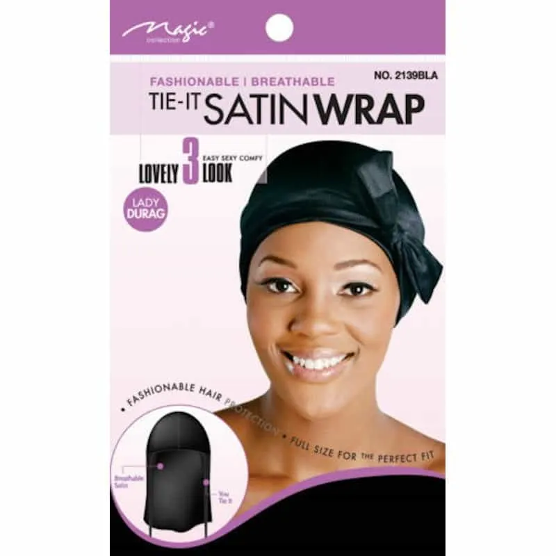 Magic Collection You Tie Satin Wrap Cap 2139 Negro con Banda de Ajuste