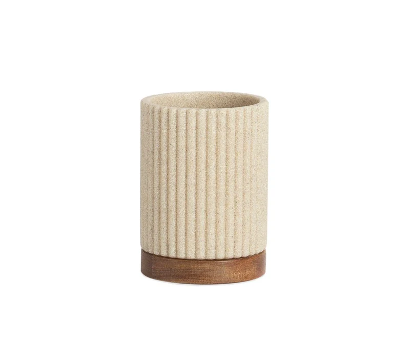 Portacepillos Beige de Poliresina y Madera de Acacia Ø8×11 cm Andrea House