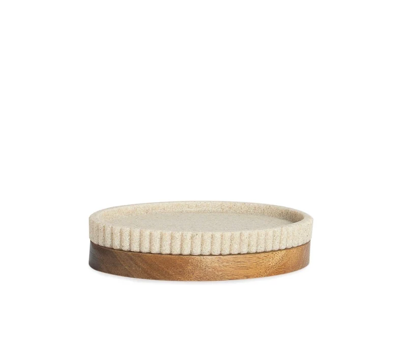 Jabonera Beig de Poliresina y Madera de Acacia 14×9,5×3cm Andrea House