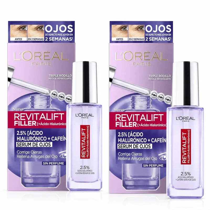 L'Oréal Paris Serum Ojos Revitalift Filler: 2.5% Ácido Hialurónico Y Cafeína, Triple Roll-On , pack 2