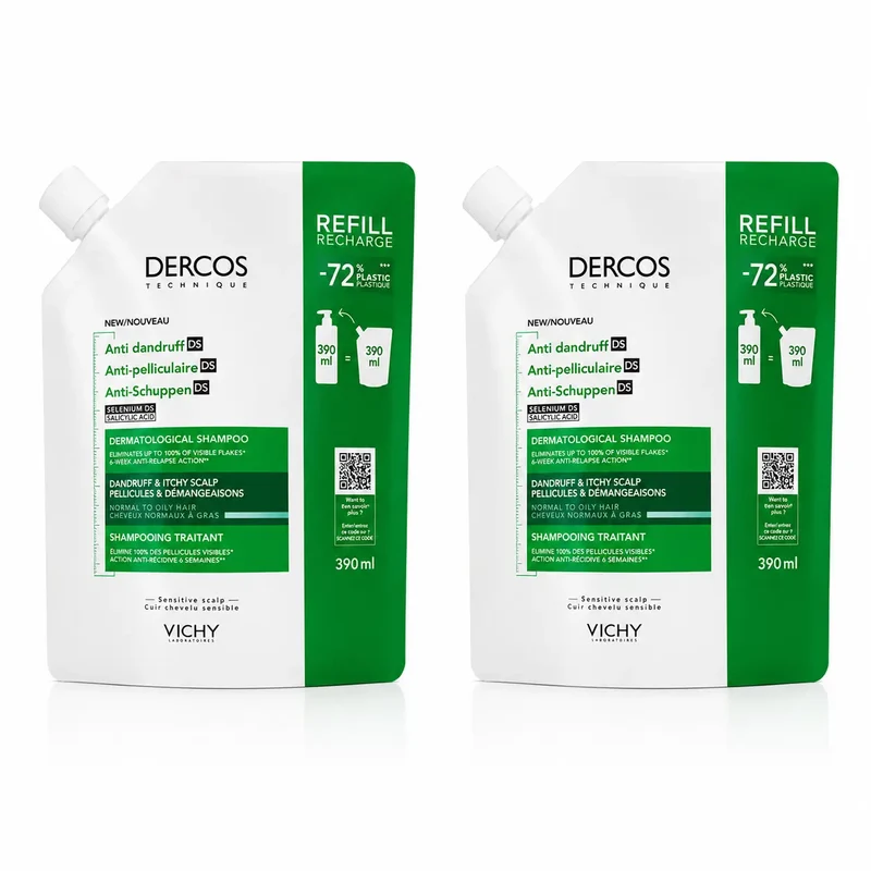 Vichy Pack Vichy Dercos Technique Champú Ecorefill Anticaspa Grasa, 390 Ml, x2