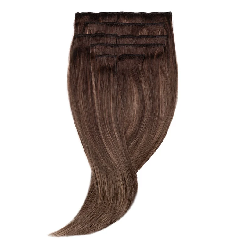 16" Human Hair 7pc Clip In - #2/10 Chocolate Brown/Caramel